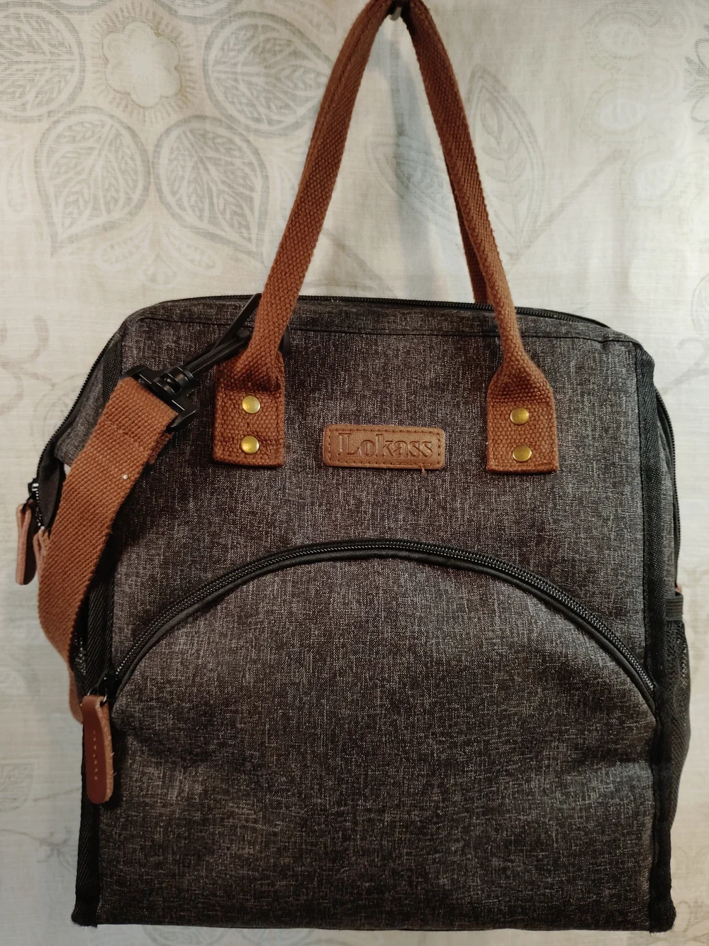 Lokass Canvas Insulated Lunch/ Food Tote Bag in Charcoal with Brown Accents